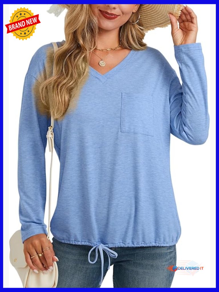 V Neck Long Sleeve Tunic Top Drawstring Hem Tee